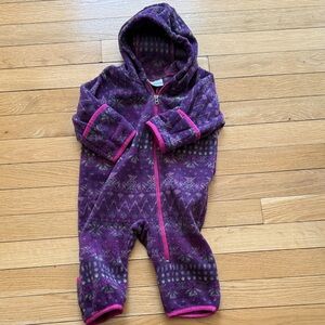 Kids Hooded Purple Fleece One-Piece Footie with Pink Trim